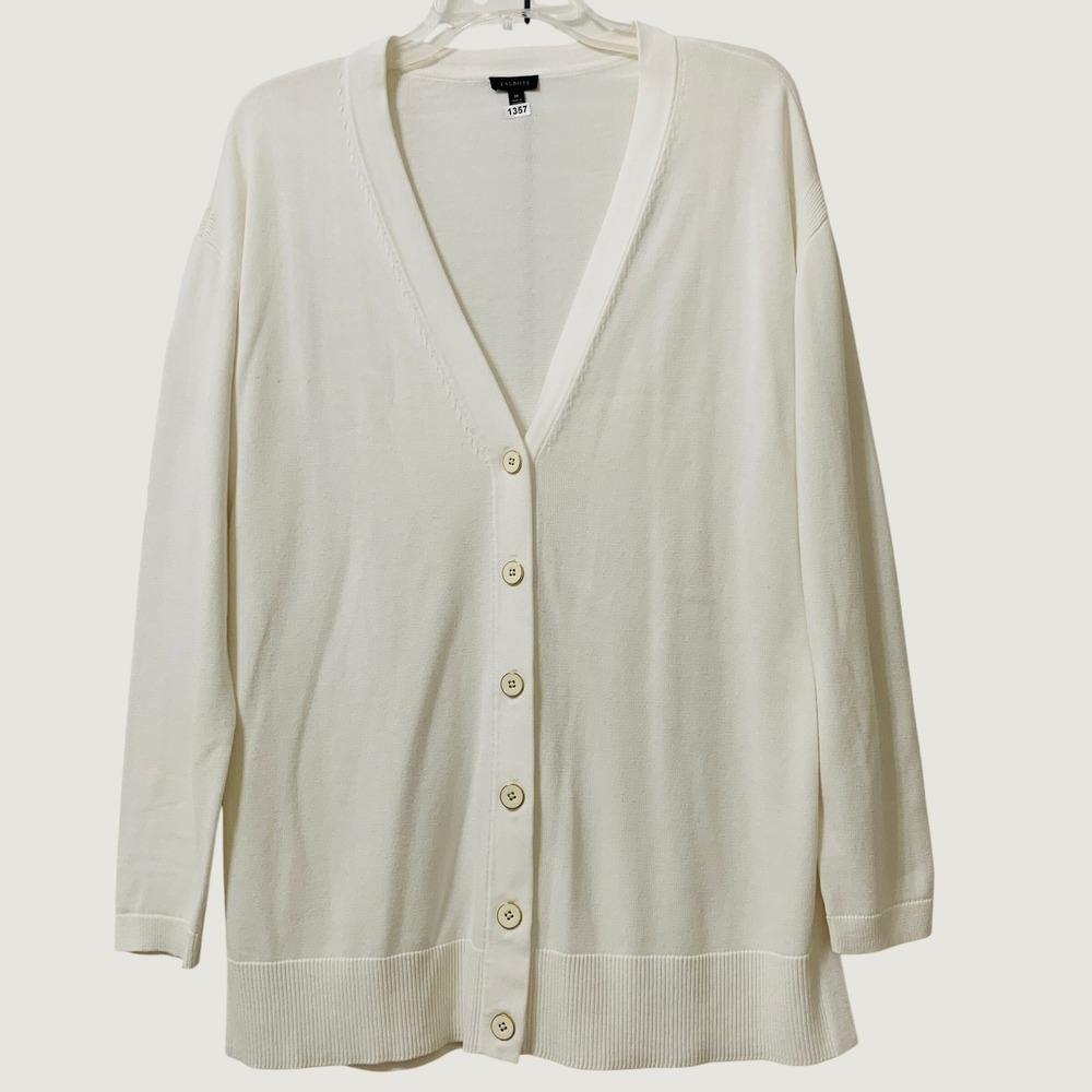 Talbots Cardigan Sweater Women Size M White V-Neck Long Sleeve Button Front Knit